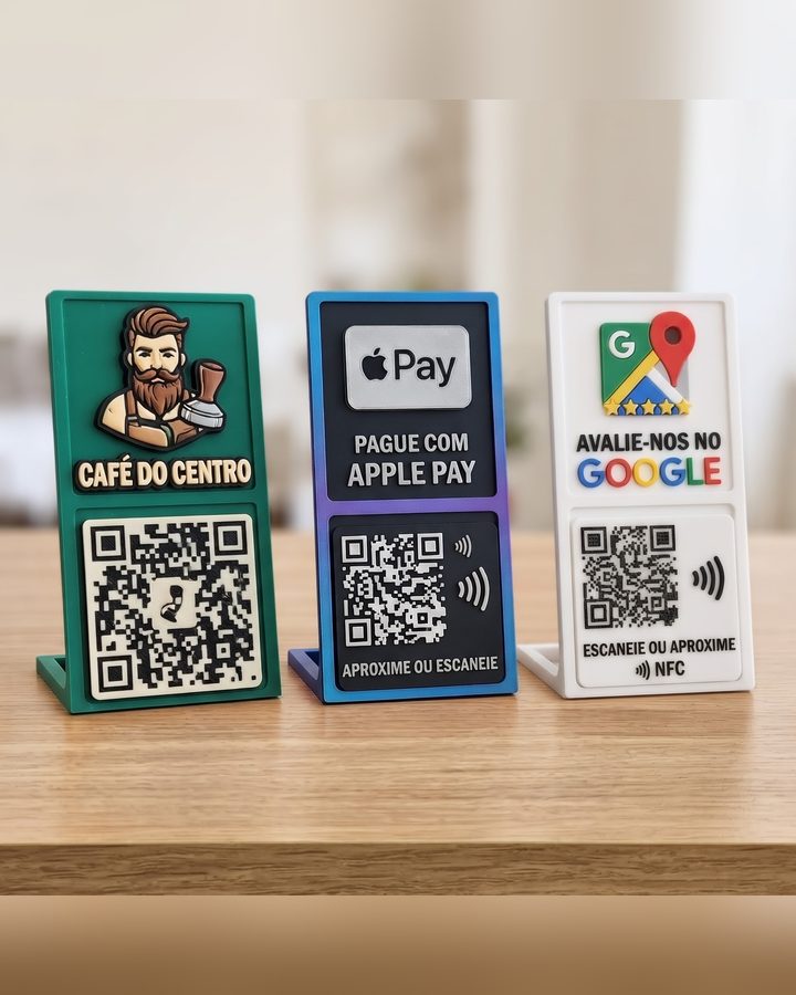 Três placas: Café do Centro em verde com o logo do barista, Pague com Apple Pay em azul e preto, e Avalie-nos no Google em branco, cada uma com QR Code e NFC