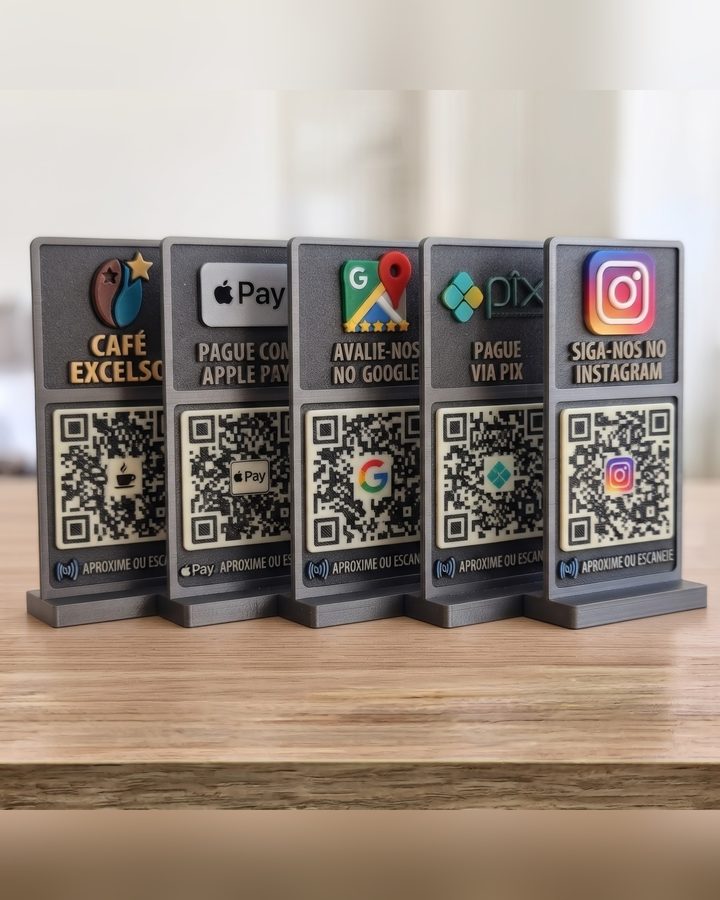 Cinco placas cinza lado a lado: Café Excelso, Apple Pay, Avalie-nos no Google, Pague via Pix e Siga-nos no Instagram, todas com QR Code e Aproxime ou escaneie
