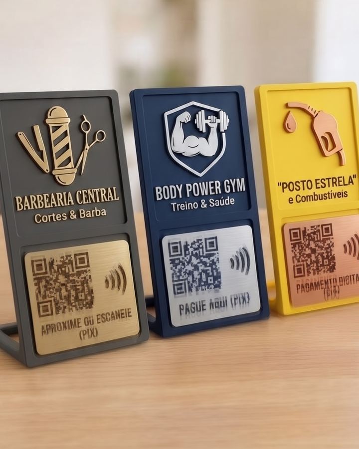 Três placas com suporte vazado e logo em alto-relevo: Barbearia Central em cinza e dourado, Body Power Gym em azul e prata e Posto Estrela em amarelo e cobre, cada uma com QR Code e NFC