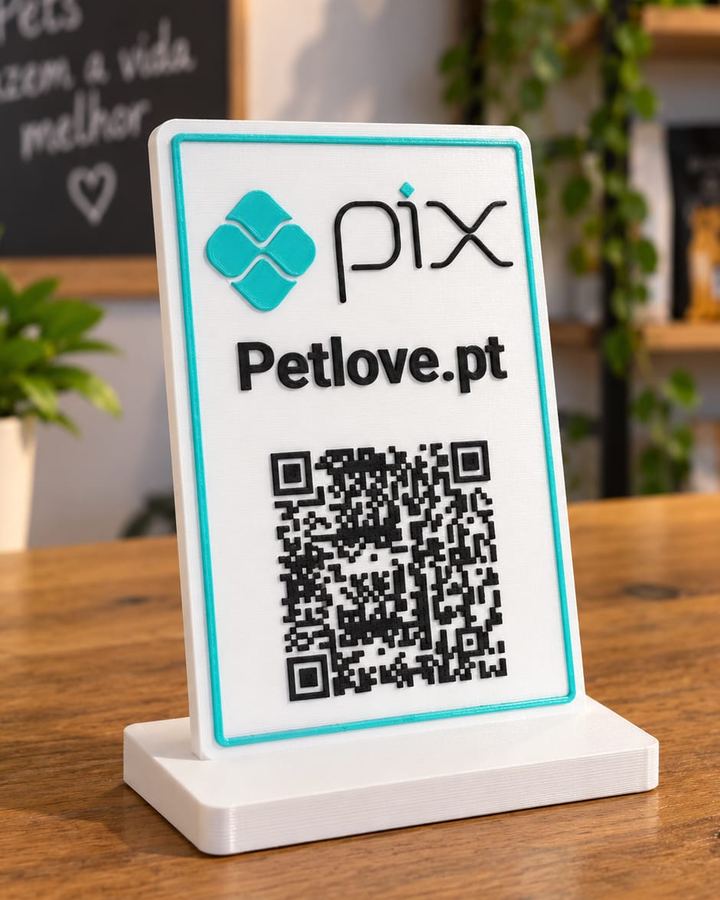 Placa branca com borda verde-água, logo do Pix, o nome da loja e o QR Code